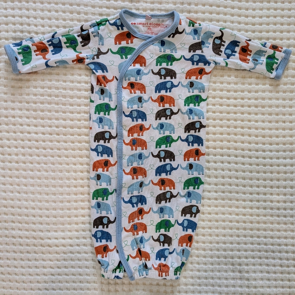 Magnificent Baby White Sleep Gown with Blue Trim and Multicolor Elephant Print